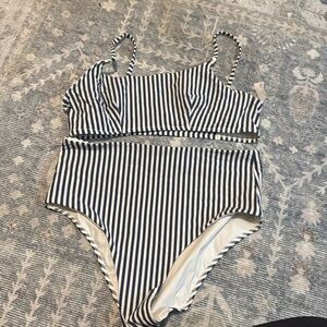 Lululemon swim suit top and bottom, XL, Navy and white stripes.